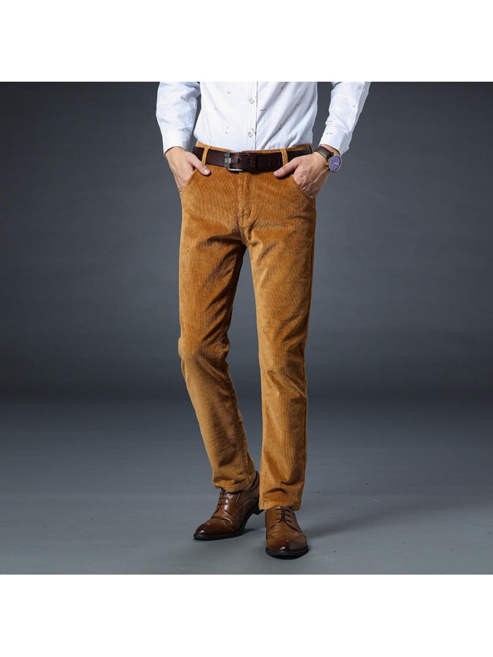 Casual Warm Corduroy Solid Color Trousers Soft Business Zipper Fly Straight Pants for Men