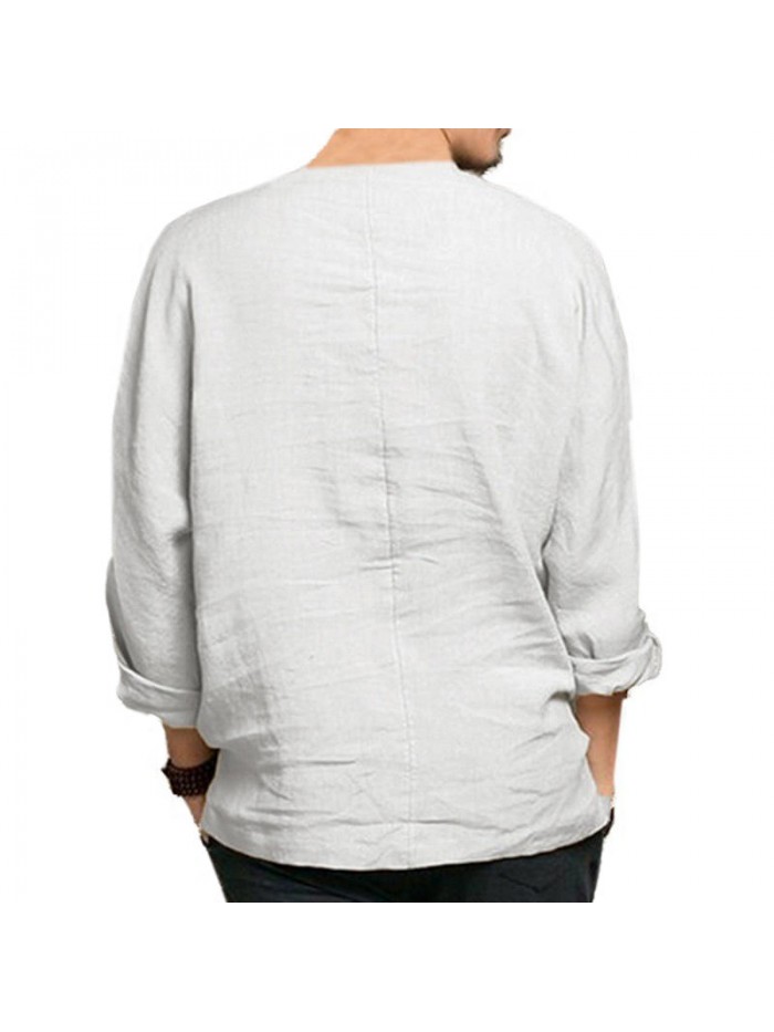 Men's Shirt V-neck National Style Loose Solid Color Casual Cotton T-Shirts