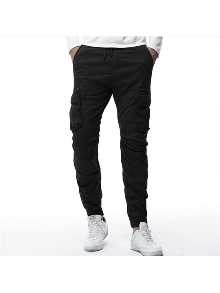 Mens Casual Stitching Drawstring Elastic Waist Multifunction Pockets Cargo Pants