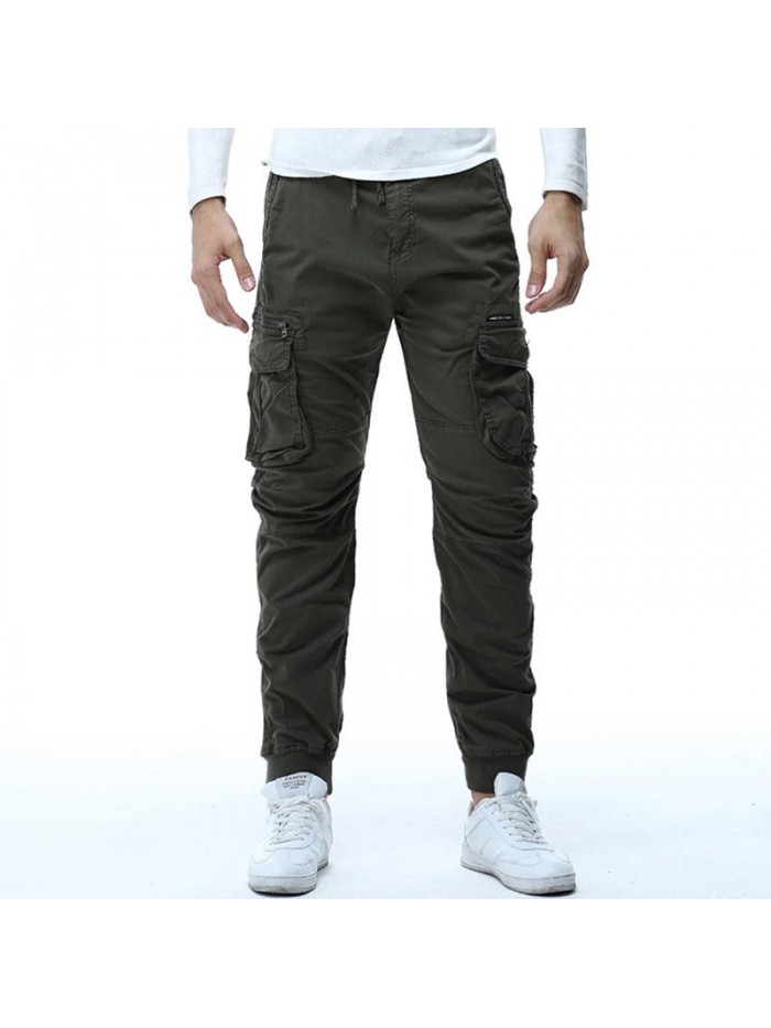 Mens Casual Stitching Drawstring Elastic Waist Multifunction Pockets Cargo Pants