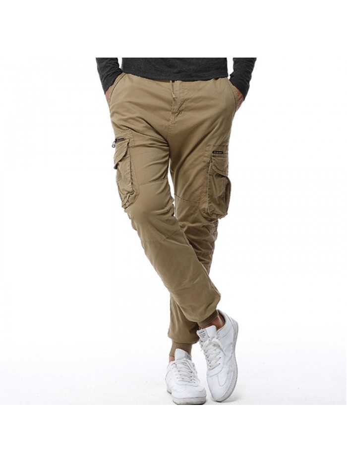 Mens Casual Stitching Drawstring Elastic Waist Multifunction Pockets Cargo Pants