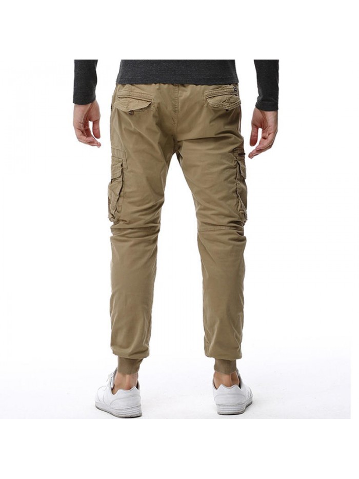 Mens Casual Stitching Drawstring Elastic Waist Multifunction Pockets Cargo Pants