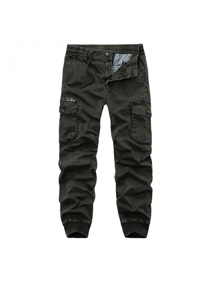 Mens Casual Stitching Drawstring Elastic Waist Multifunction Pockets Cargo Pants