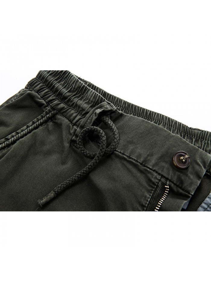 Mens Casual Stitching Drawstring Elastic Waist Multifunction Pockets Cargo Pants