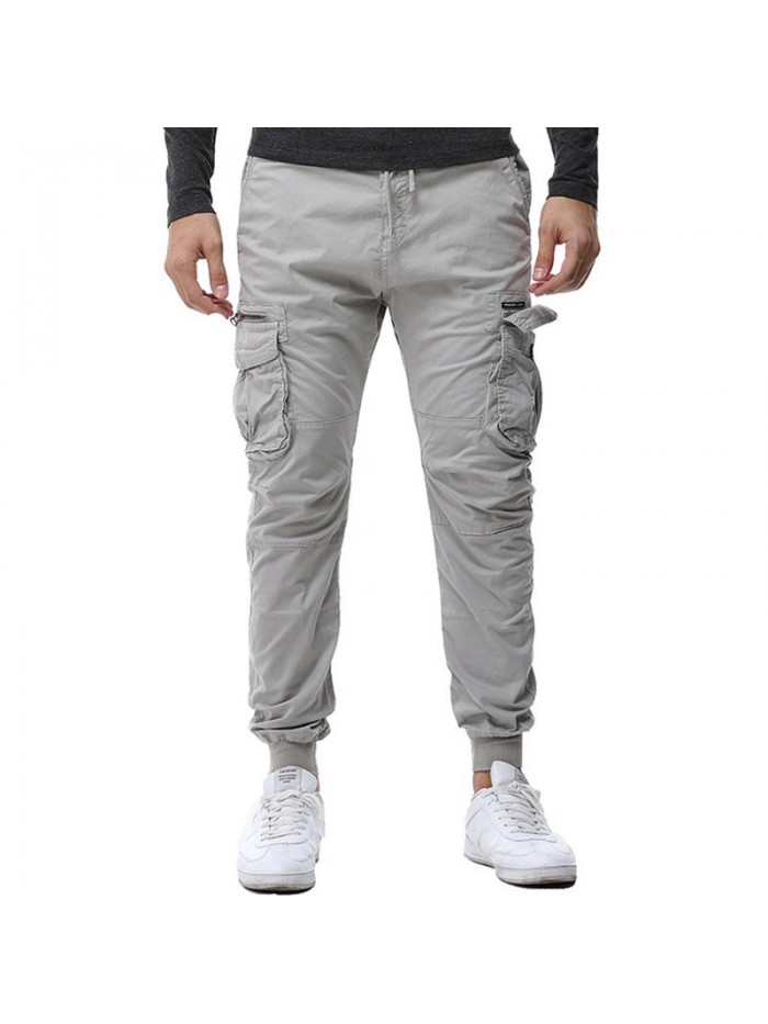 Mens Casual Stitching Drawstring Elastic Waist Multifunction Pockets Cargo Pants