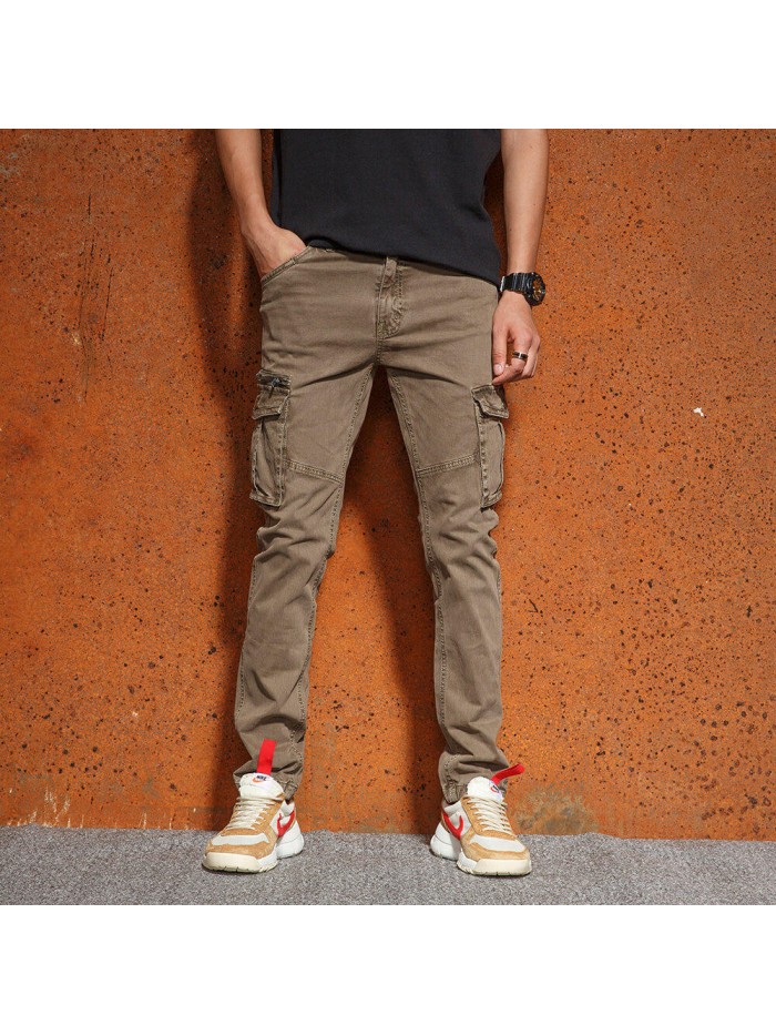 Mens Casual Stitching Multifunction Pockets Cotton Solid Color Cargo Pants