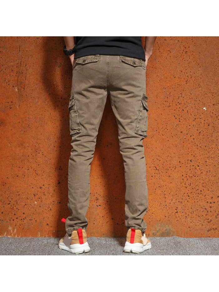 Mens Casual Stitching Multifunction Pockets Cotton Solid Color Cargo Pants