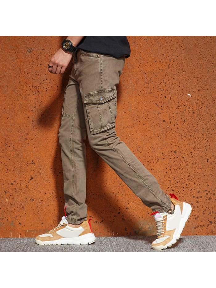 Mens Casual Stitching Multifunction Pockets Cotton Solid Color Cargo Pants