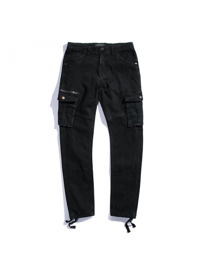 Mens Casual Stitching Multifunction Pockets Cotton Solid Color Cargo Pants