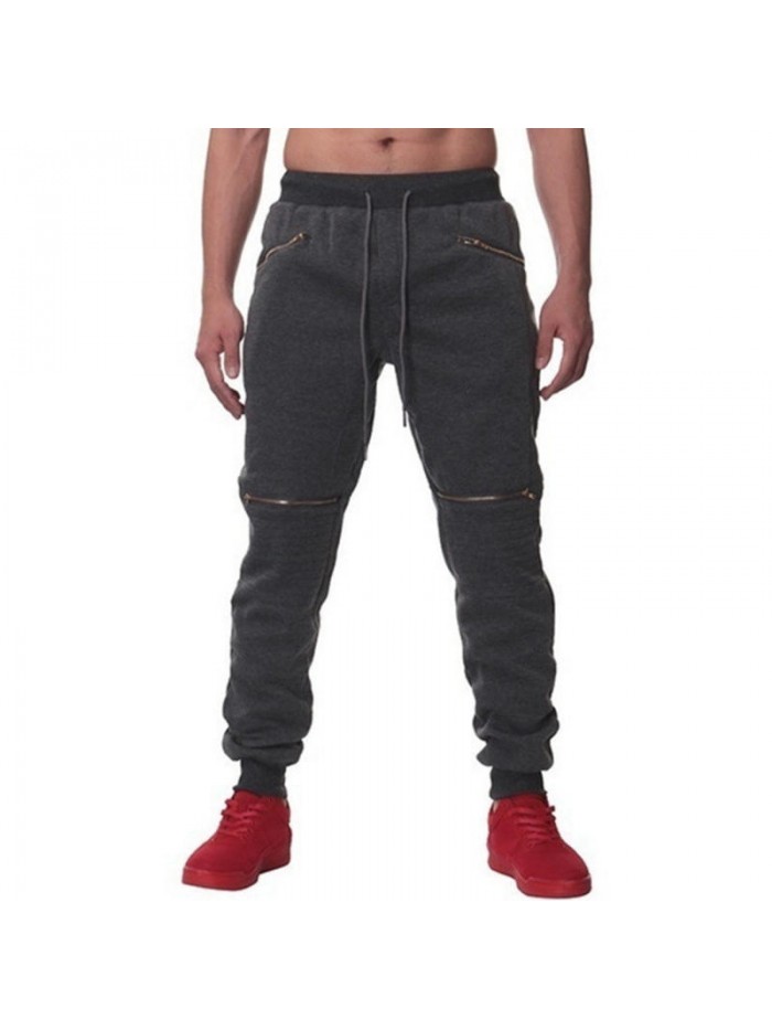 Mens Casual Outdoor Sport Drawstring Zipper Slim Fit Solid Color Jogger Pants