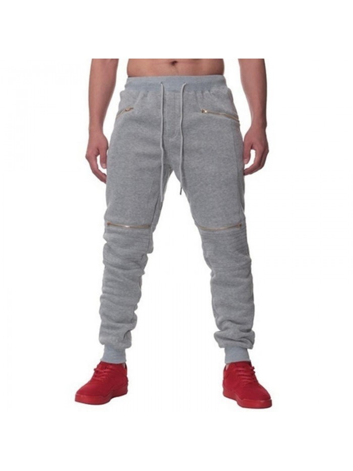 Mens Casual Outdoor Sport Drawstring Zipper Slim Fit Solid Color Jogger Pants