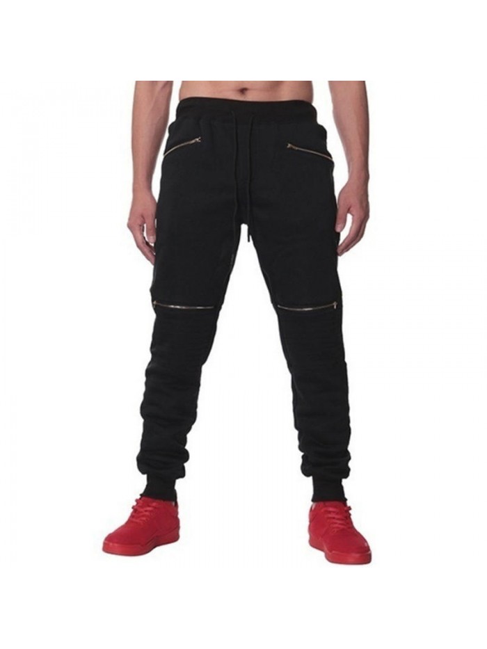 Mens Casual Outdoor Sport Drawstring Zipper Slim Fit Solid Color Jogger Pants