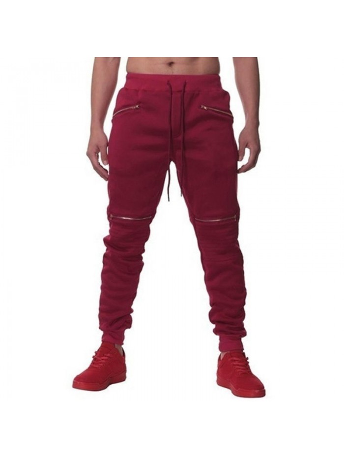 Mens Casual Outdoor Sport Drawstring Zipper Slim Fit Solid Color Jogger Pants