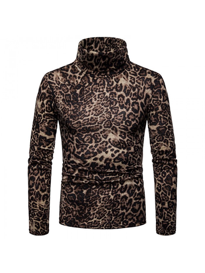 Leopard Pattern High Collar Fleece Breathable Long Sleeve T-Shirts For Men