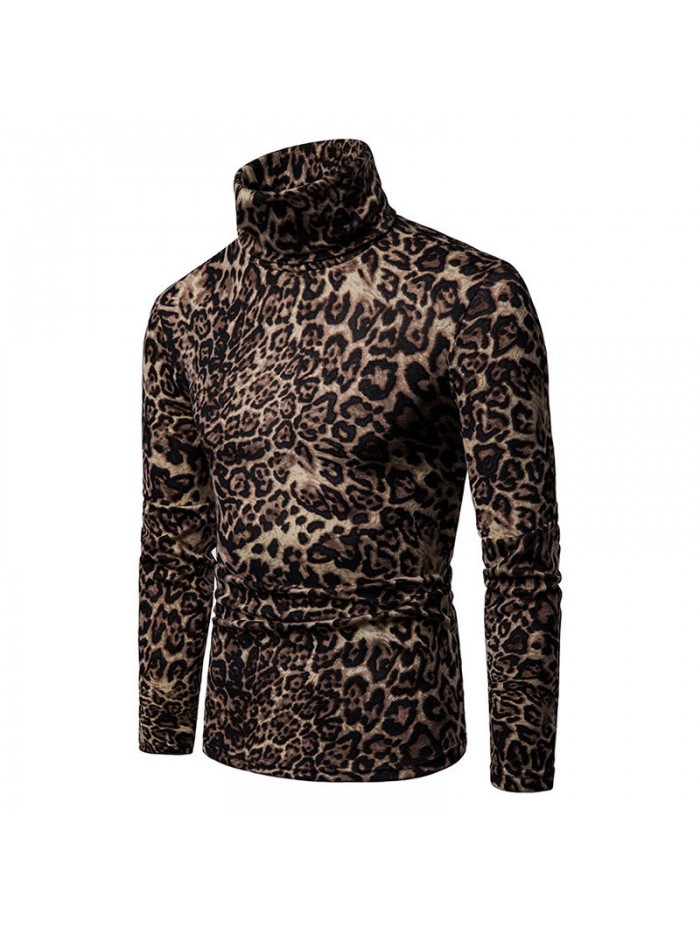 Leopard Pattern High Collar Fleece Breathable Long Sleeve T-Shirts For Men