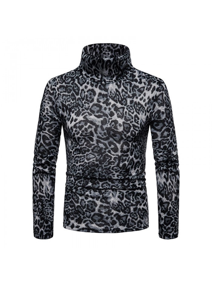 Leopard Pattern High Collar Fleece Breathable Long Sleeve T-Shirts For Men