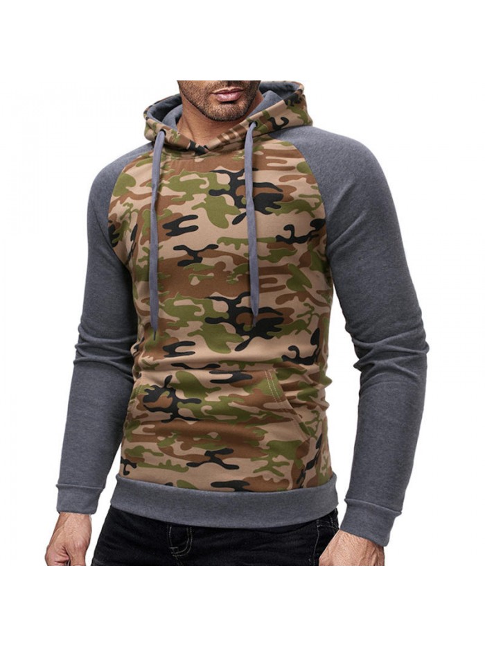 Men Camouflage Stitching Drawstring Top Breathable Big Front Pocket Hoodies Sweatshirts