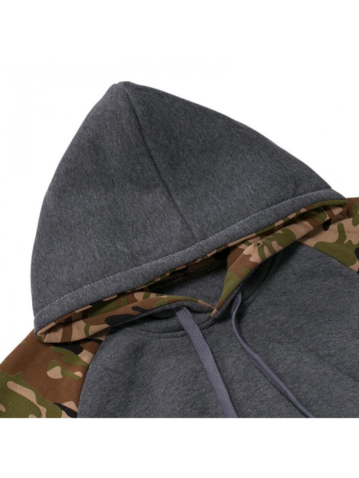 Men Camouflage Stitching Drawstring Top Breathable Big Front Pocket Hoodies Sweatshirts