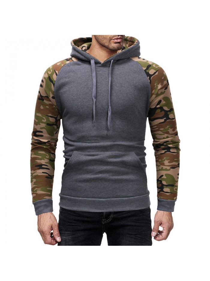 Men Camouflage Stitching Drawstring Top Breathable Big Front Pocket Hoodies Sweatshirts