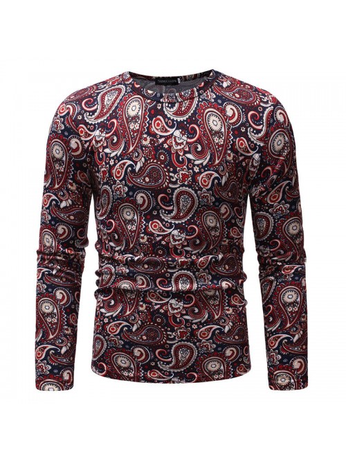 Mens Cashew Flowers Printing Crew Neck Ethnic Styl...