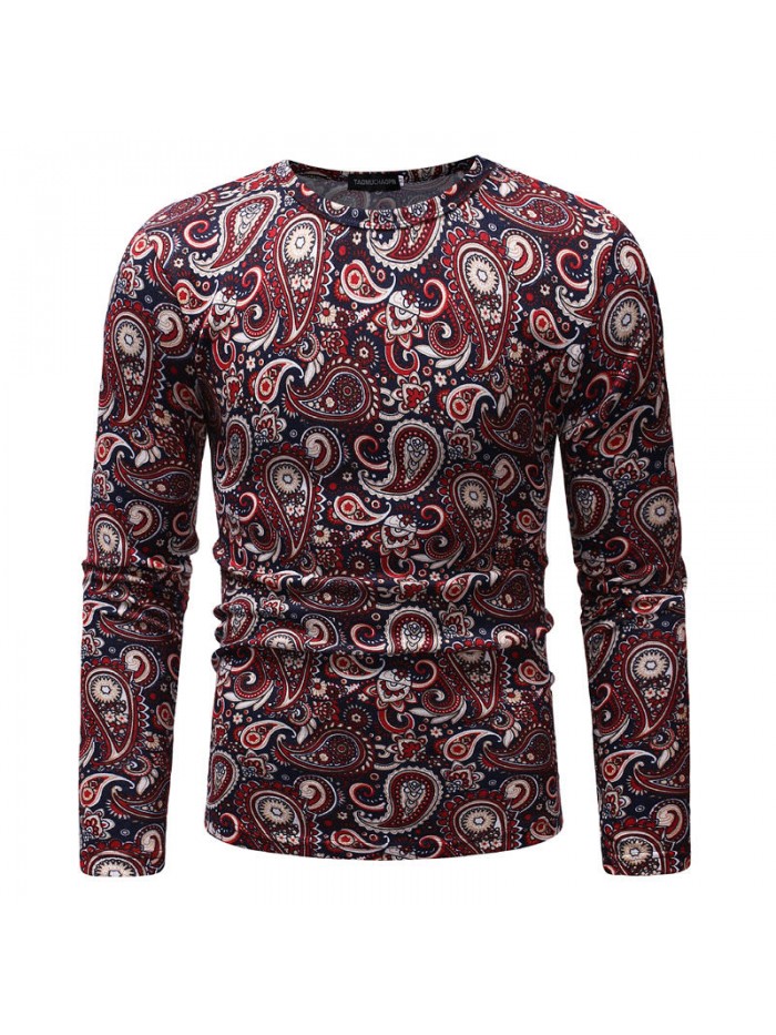 Mens Cashew Flowers Printing Crew Neck Ethnic Style Long Sleeve Slim Fit Casual T-shirts