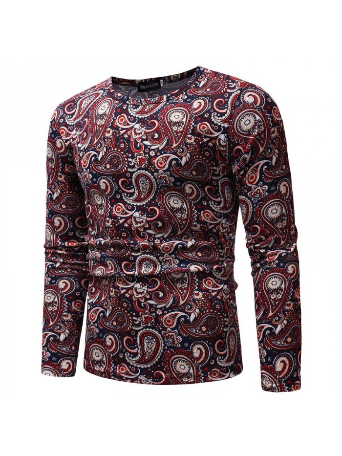 Mens Cashew Flowers Printing Crew Neck Ethnic Style Long Sleeve Slim Fit Casual T-shirts