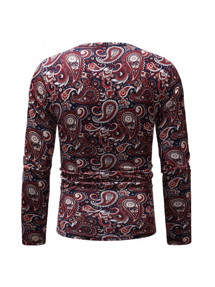 Mens Cashew Flowers Printing Crew Neck Ethnic Style Long Sleeve Slim Fit Casual T-shirts