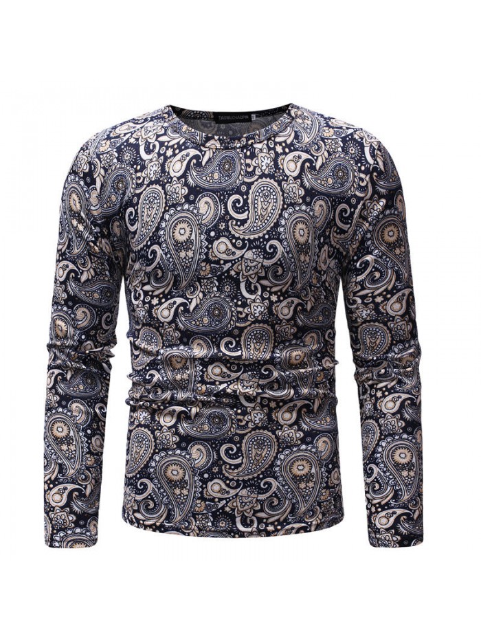 Mens Cashew Flowers Printing Crew Neck Ethnic Style Long Sleeve Slim Fit Casual T-shirts