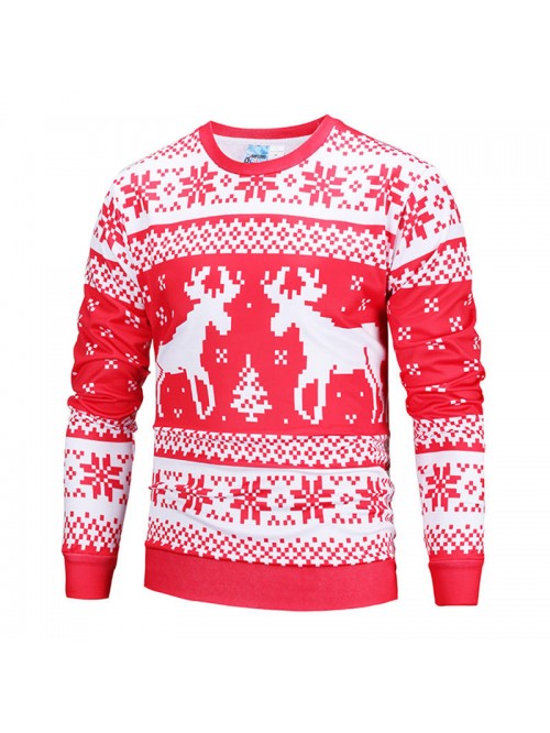 Men Christmas Red Deer Printed Long Sleeve Sweatsh...