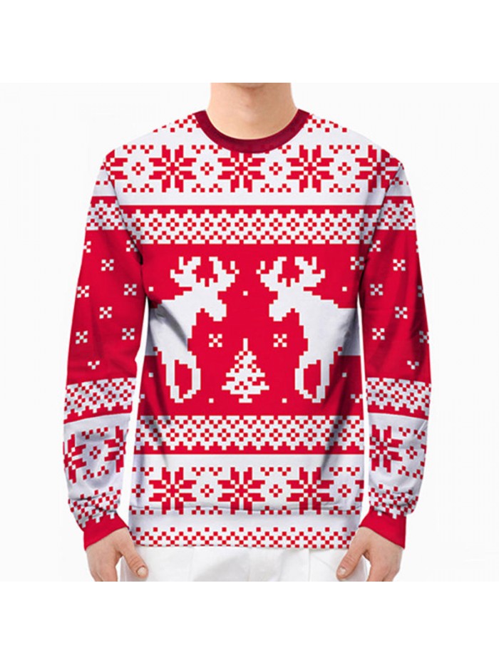 Men Christmas Red Deer Printed Long Sleeve Sweatshirt Casual Slim Fit Thick Hoodies Sweatshirts