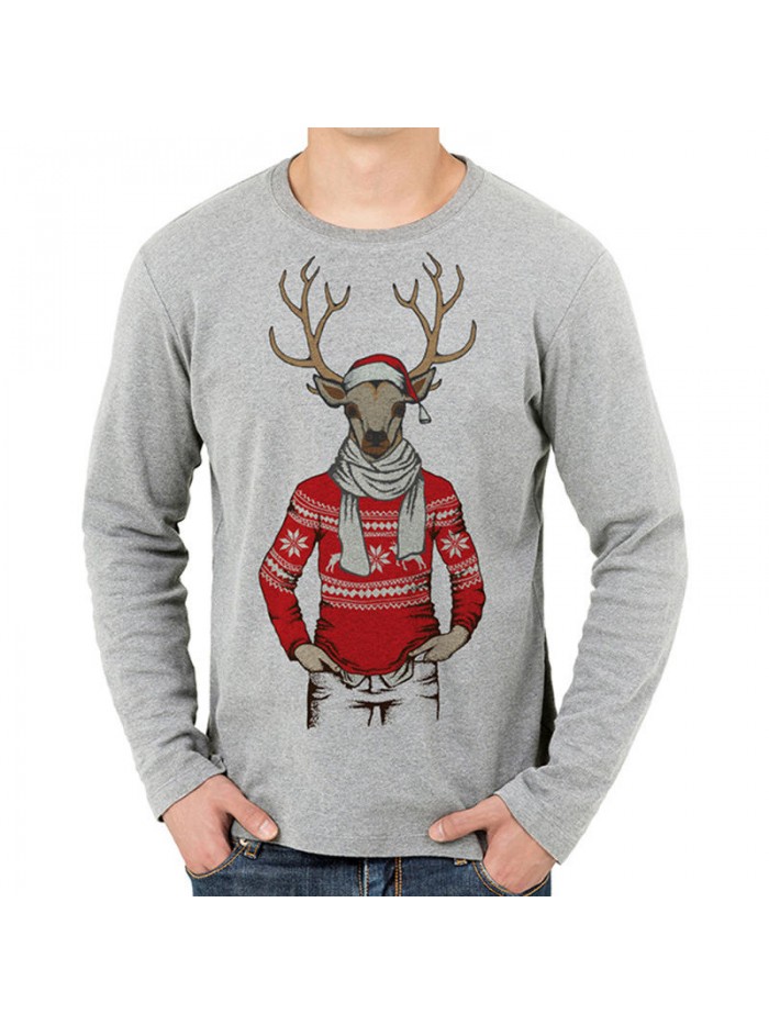 Men Casual Seamless Slim Fit Reindeer 3D Printing Pattern Long Sleeve T-shirts