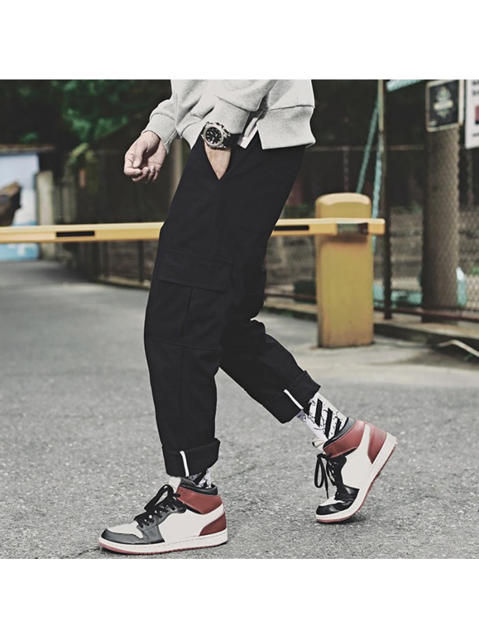 Men's Fashion Cotton Elastic Waist Fit Solid Color Multi Pockets Jogger Casual Cargo Pants