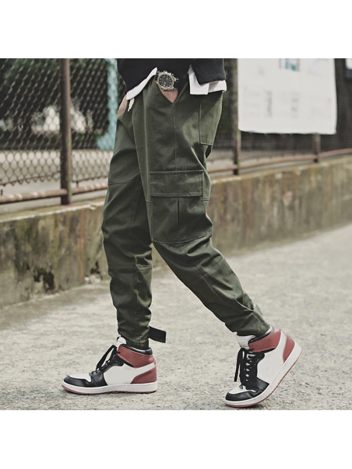 Men's Fashion Cotton Elastic Waist Fit Solid Color Multi Pockets Jogger Casual Cargo Pants