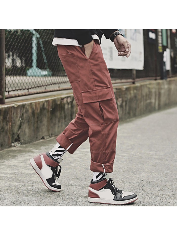 Men's Fashion Cotton Elastic Waist Fit Solid Color Multi Pockets Jogger Casual Cargo Pants