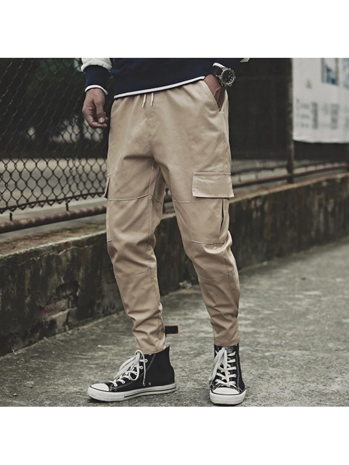 Men's Fashion Cotton Elastic Waist Fit Solid Color Multi Pockets Jogger Casual Cargo Pants