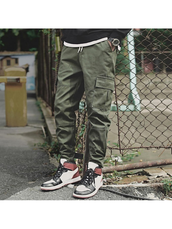 Men's Fashion Cotton Elastic Waist Fit Solid Color Multi Pockets Jogger Casual Cargo Pants