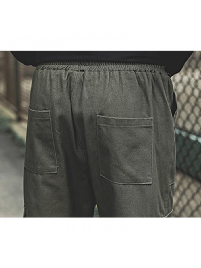 Men's Fashion Cotton Elastic Waist Fit Solid Color Multi Pockets Jogger Casual Cargo Pants