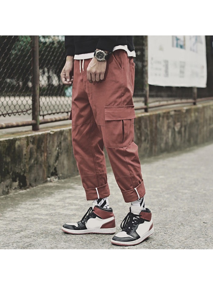 Men's Fashion Cotton Elastic Waist Fit Solid Color Multi Pockets Jogger Casual Cargo Pants