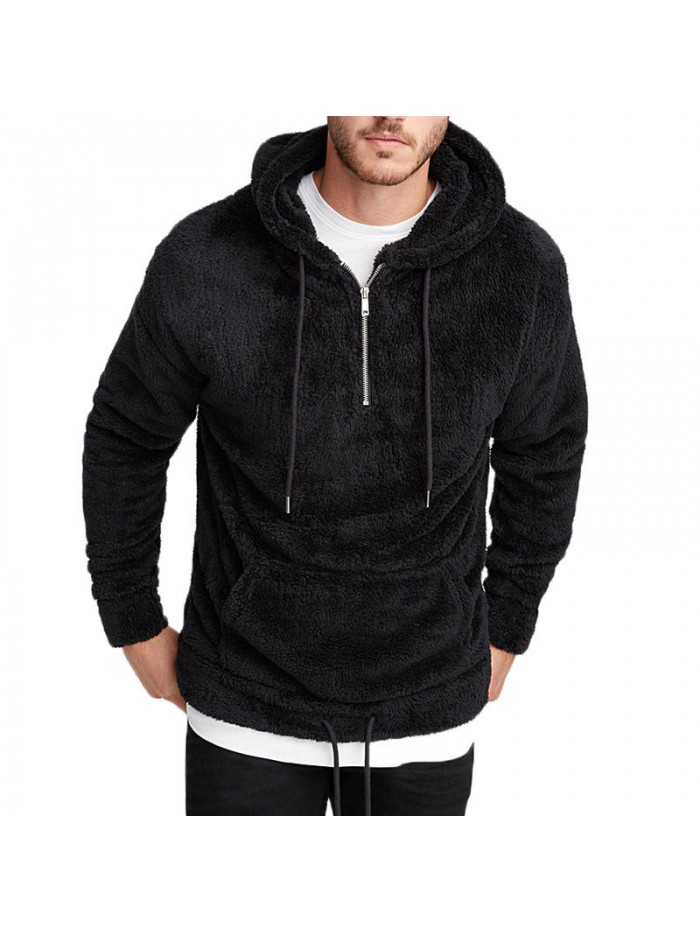 Men's Fashion Half Zipper Thick Warm Hoodies Shearling Long Sleeve Overhead Sweatshirts