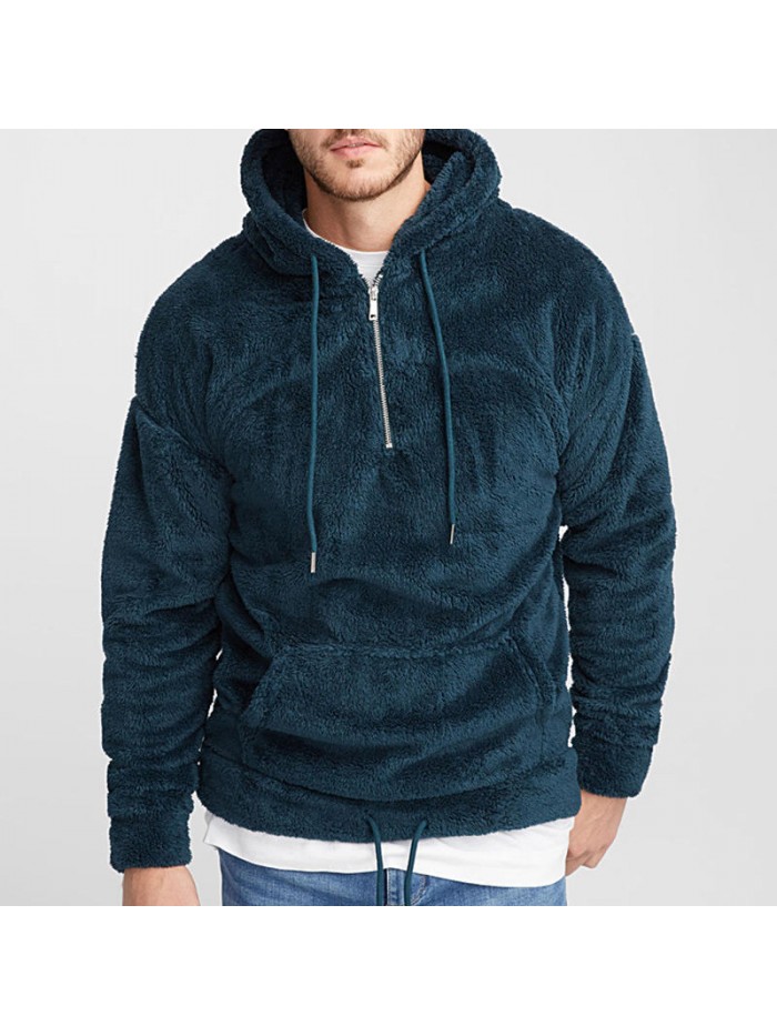 Men's Fashion Half Zipper Thick Warm Hoodies Shearling Long Sleeve Overhead Sweatshirts