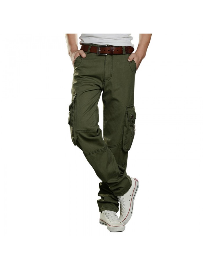 Mens 100% Cotton Multi Pockets Military Style Pure Color Casual Cargo Pants