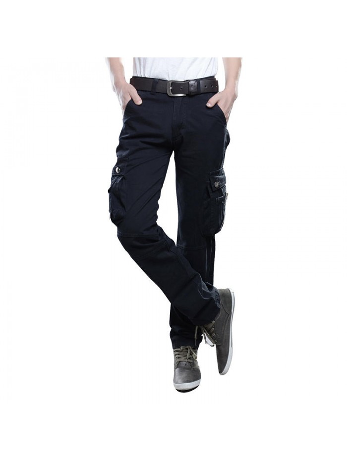 Mens 100% Cotton Multi Pockets Military Style Pure Color Casual Cargo Pants