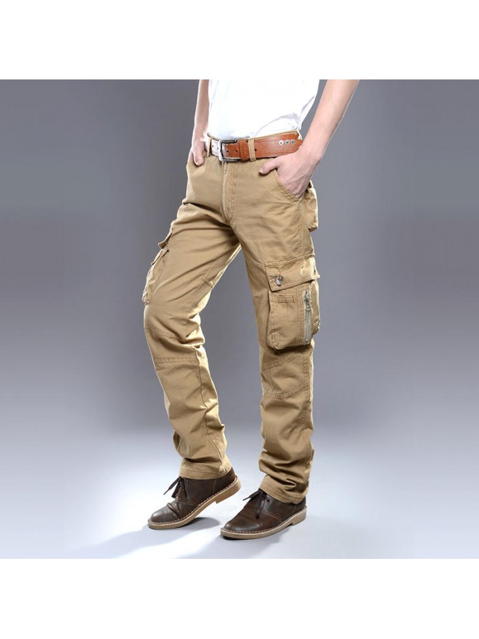 Mens 100% Cotton Multi Pockets Military Style Pure Color Casual Cargo Pants