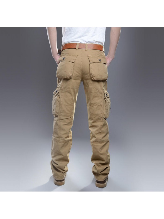 Mens 100% Cotton Multi Pockets Military Style Pure Color Casual Cargo Pants