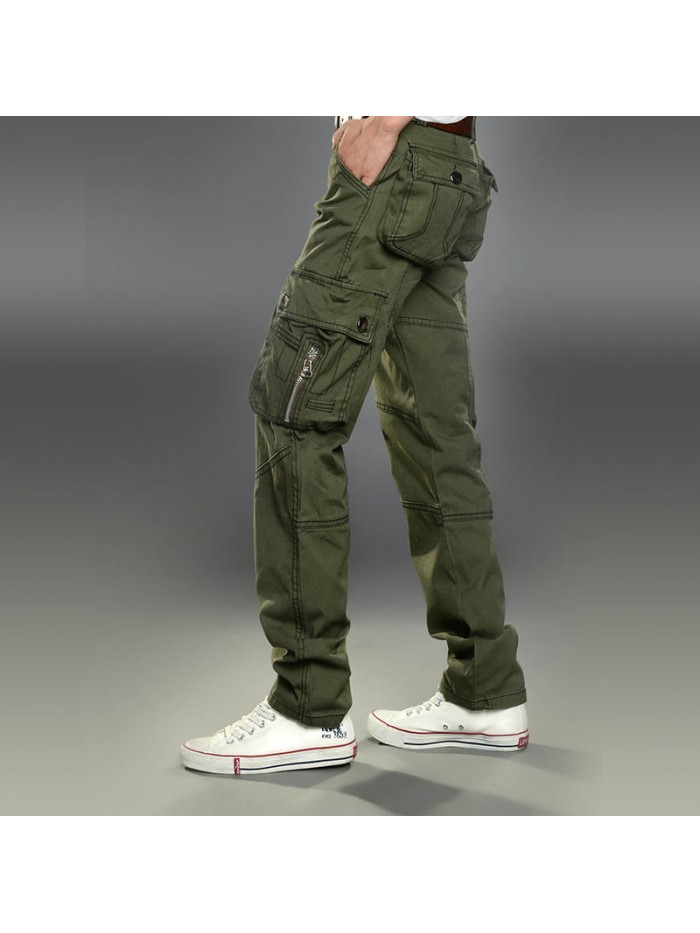 Mens 100% Cotton Multi Pockets Military Style Pure Color Casual Cargo Pants