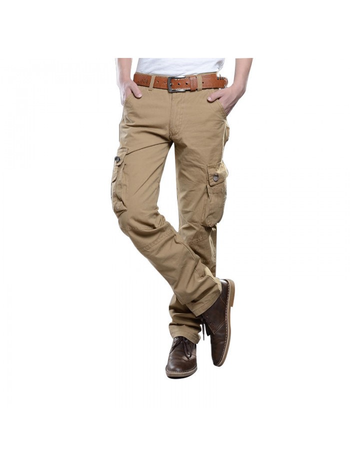 Mens 100% Cotton Multi Pockets Military Style Pure Color Casual Cargo Pants