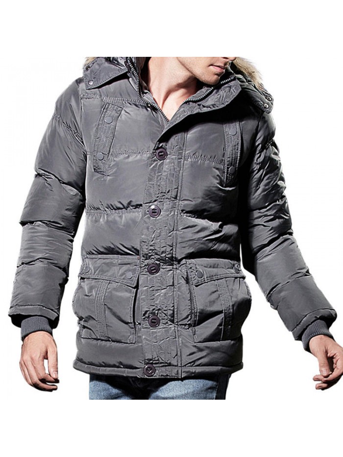 Mens Winter Windproof Multi Pockets Zipper Buttons Solid Color Furry Hood Warm Padded Jacket Parka