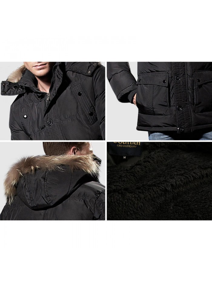 Mens Winter Windproof Multi Pockets Zipper Buttons Solid Color Furry Hood Warm Padded Jacket Parka