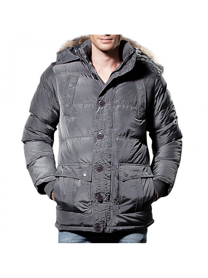 Mens Winter Windproof Multi Pockets Zipper Buttons Solid Color Furry Hood Warm Padded Jacket Parka