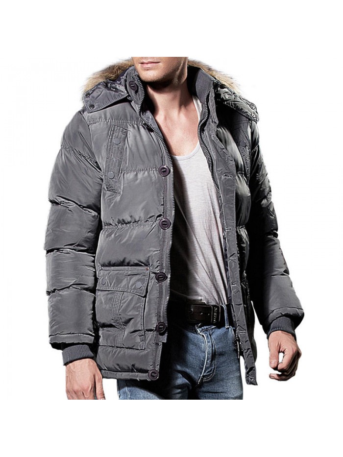 Mens Winter Windproof Multi Pockets Zipper Buttons Solid Color Furry Hood Warm Padded Jacket Parka